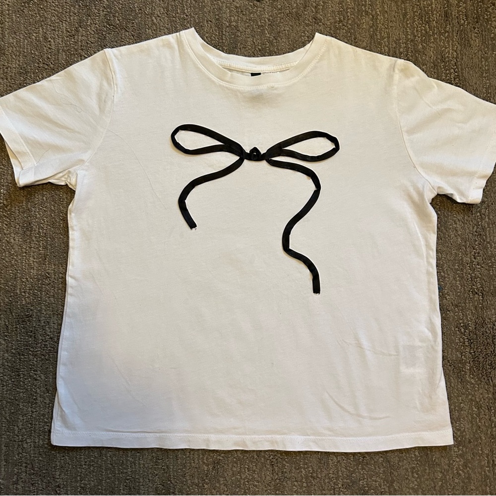 Divided White Tee with Black Ribbon Detail